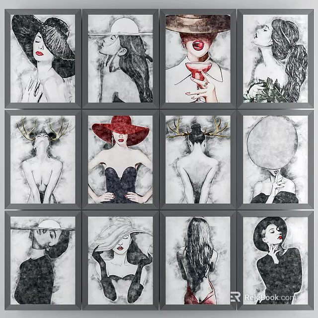 Modern Artistic Female Portrait Paintings with Various Hats Hairstyles and Poses 3d model 