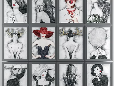 Modern Artistic Female Portrait Paintings with Various Hats Hairstyles and Poses 3d model