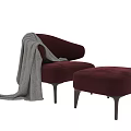 Elegant Burgundy Velvet Leisure Armchair With Wooden Legs And Matching Ottoman For Cozy Living Spaces