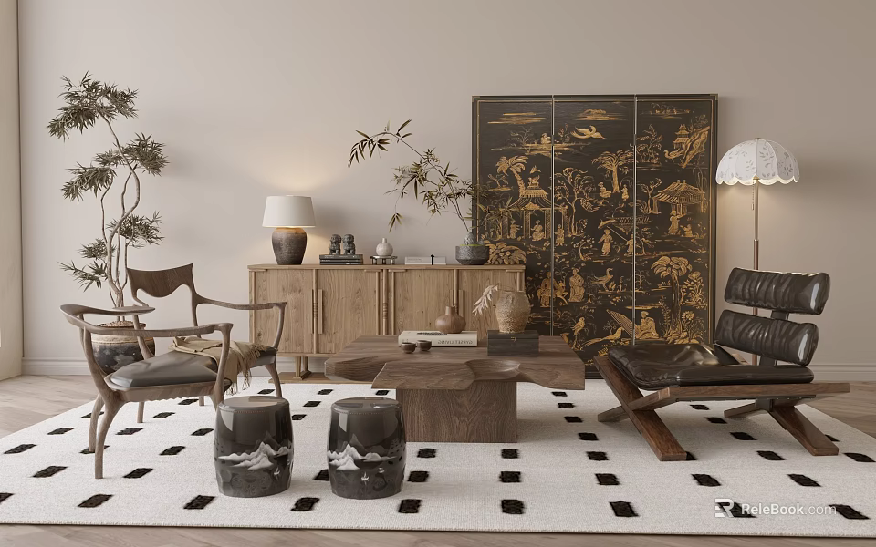 Traditional Chinese Sofa and Coffee Table Set with Oriental Screen Green Plants and Checkered Rug 3d model 