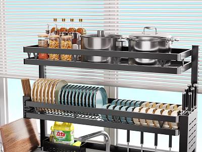 Organized Kitchen Shelf With Jars Pots Colorful Plates And Cooking Utensils 3d model