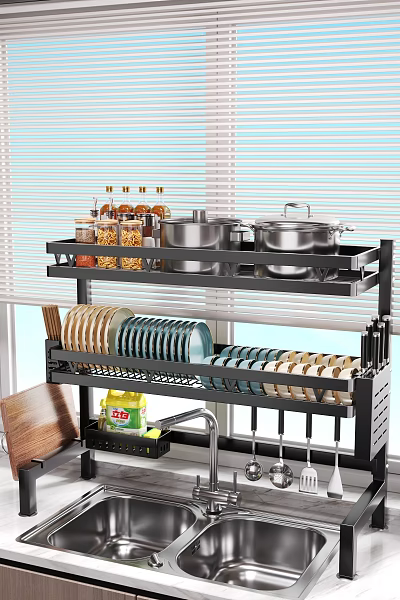 Organized Kitchen Shelf With Jars Pots Colorful Plates And Cooking Utensils 3d model
