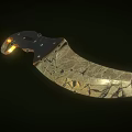 Curved Knife With Cracked Metallic Blade And Detailed Wooden Handle Design