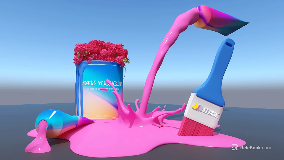 Yuehuo Paint Bucket With Red Flowers Pink Paint Pouring And Blue Artbrush Splashing 3d model 