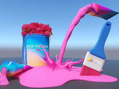 Yuehuo Paint Bucket With Red Flowers Pink Paint Pouring And Blue Artbrush Splashing 3d model