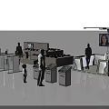 Display Equipment Setup With Showroom Counters Digital Screens Human Figures And Self Service Devices