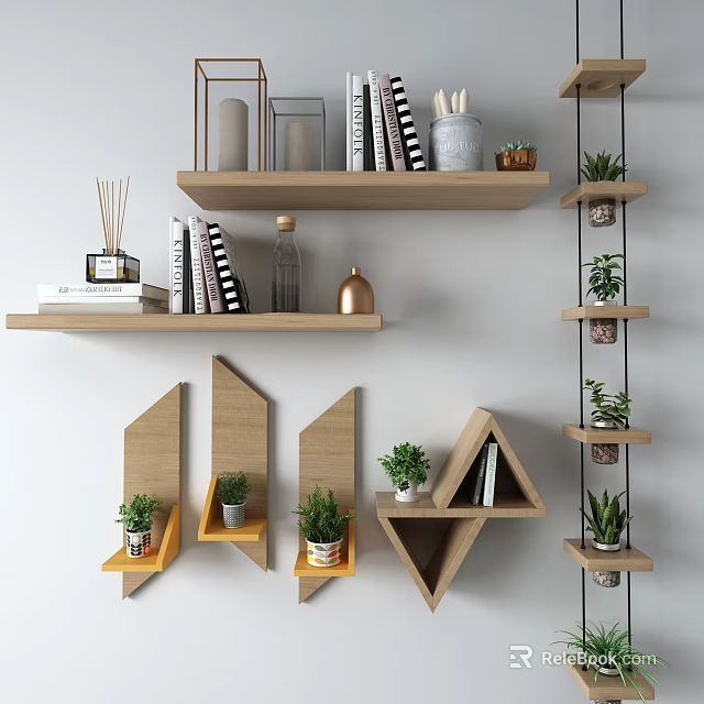 Modern Interior Wall Cabinets And Floating Shelves With Geometric Design Books And Plants 3d model 
