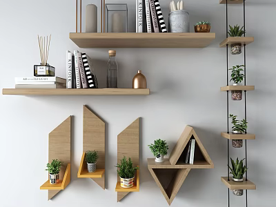 Modern Interior Wall Cabinets And Floating Shelves With Geometric Design Books And Plants 3d model
