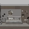 Modern Bedroom Interior With Neutral Bed Wooden Wall Panels Round Moon Decor And Work Desk
