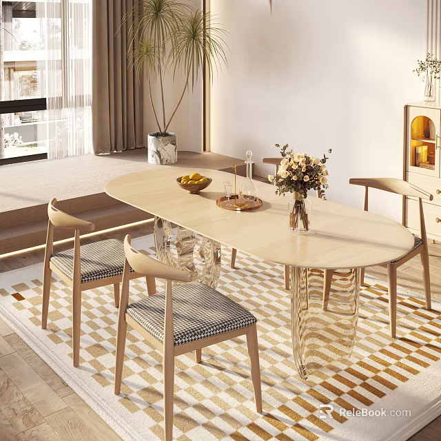 Elegant Oval Dining Table Set With Striped Cushion Chairs Fruits Flower Vase And Geometric Rug 3d model 