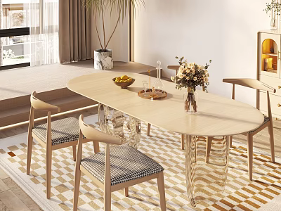 Elegant Oval Dining Table Set With Striped Cushion Chairs Fruits Flower Vase And Geometric Rug 3d model