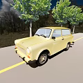 Vintage Yellow Car Parked Along Roadside With Green Trees And Blue Sky