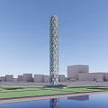 Tall Modern Office Building With Unique Lattice Structure Over Waterfront And City Skyline