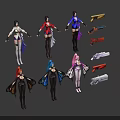 Different Character and Creature Designs with Colorful Outfits Weapons and Unique Features 3d model