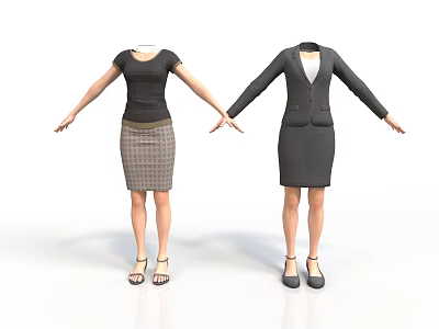 Two Mannequins Displaying Different Women's Clothing Styles Black Top With Plaid Skirt And Suit Set 3d model