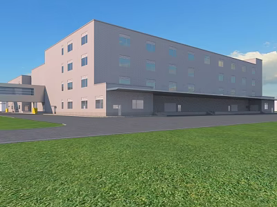 Modern Light Gray Multi Story Industrial Factory Building With Large Windows Grassland And Parking Lot 3d model