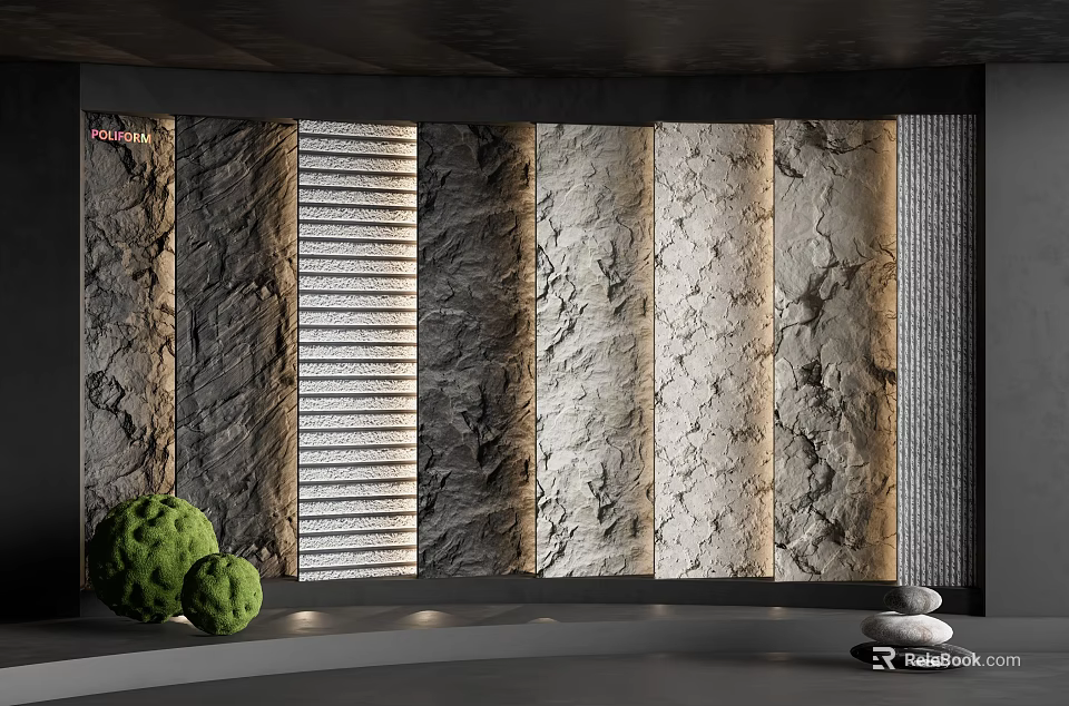 Modern Feature Wall With Stone Textured Panels Striped Patterns And Illuminated Lighting 3d model