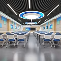 School Modern Classroom With Multimedia Screens Blue Chairs White Desks And Ceiling Lights