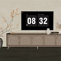 Natural Wooden TV Stand With Rattan Panels Vase Flower Branches And Dried Grass