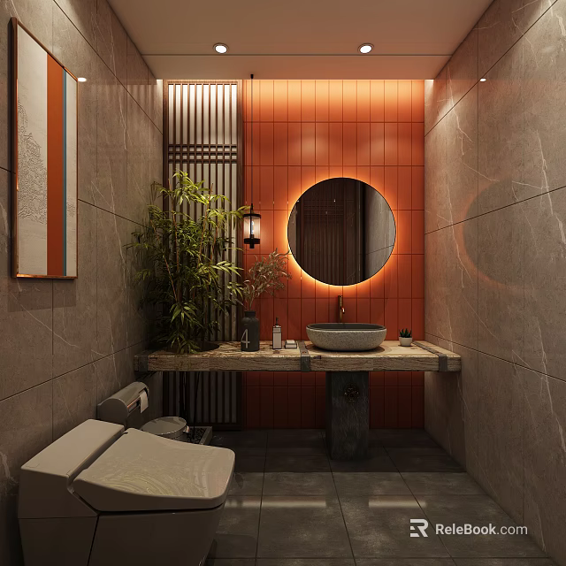 Hotel Bathroom Interior Design With Orange Wall Tiles Round Backlit Mirror Stone Vanity And Bamboo Plant 3d model 