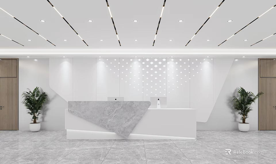Modern Lobby Reception Area Design With Marble Desk White Walls Potted Plants And Ceiling Lighting 3d model 