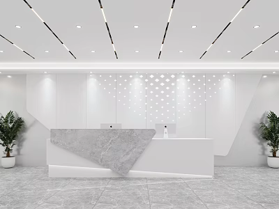 Modern Lobby Reception Area Design With Marble Desk White Walls Potted Plants And Ceiling Lighting 3d model
