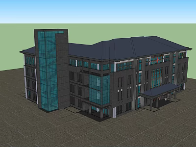 Modern Multi storey Building Exterior With Large Glass Windows And Dark Roof Design 3d model