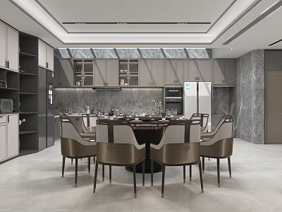 Elegant Modern Restaurant Interior With Open Layout Dining Table Chairs Marble Walls And Cabinets 3d model