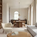 Elegant Dining Living Room Interior With Wooden Table Sofa Pendant Light And Large Windows