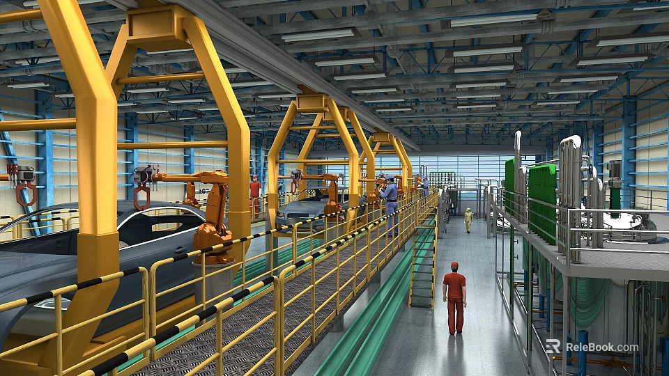 Advanced Industrial Equipment for Automotive Production with Robotic Arms and Conveyor Belts in Factory Line 3d model 