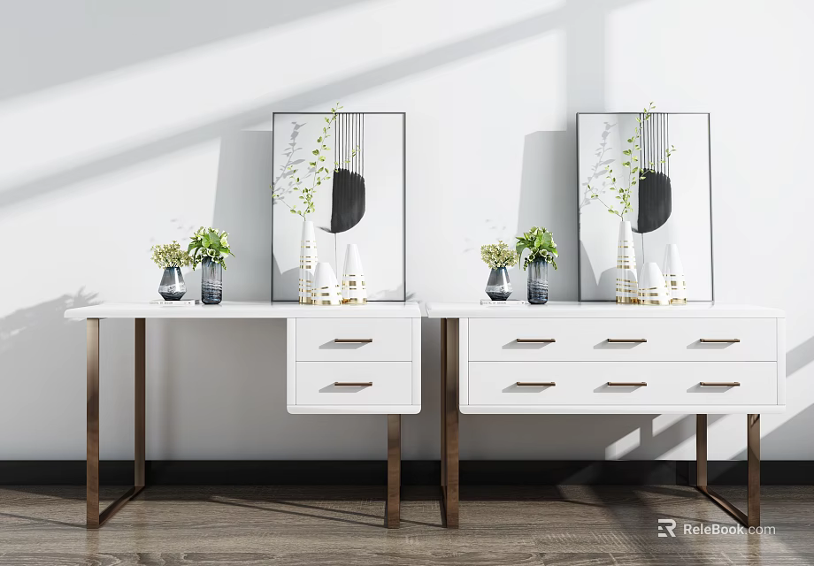 Modern White Console Side Cabinet With Drawers Metal Legs Decorative Vases And Wall Art 3d model 