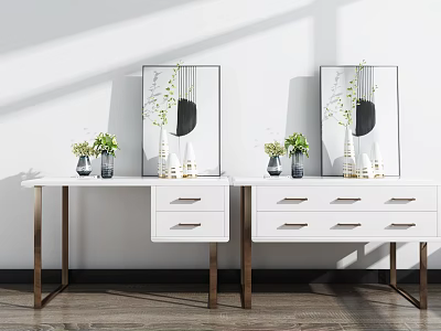 Modern White Console Side Cabinet With Drawers Metal Legs Decorative Vases And Wall Art 3d model