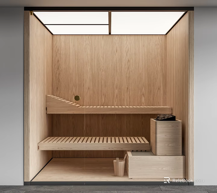 Wooden Shower Sauna Interior With Wooden Benches Storage Box And Small Cups 3d model 