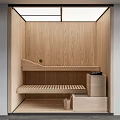 Wooden Shower Sauna Interior With Wooden Benches Storage Box And Small Cups