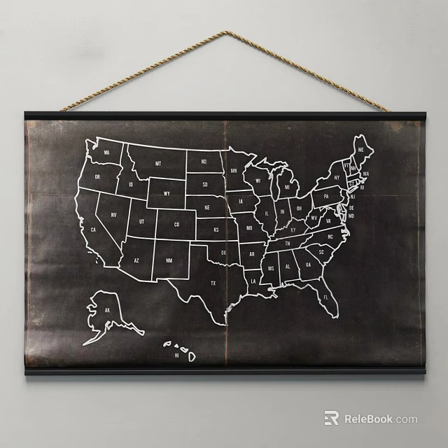 USA Map Wall Hanging with State Outlines Black Background White Outline Design 3d model 