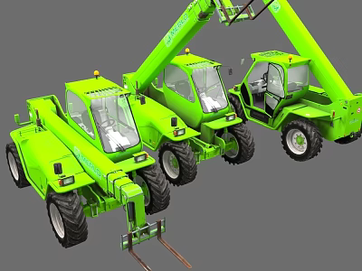 Green Heavy Duty Telehandler Vehicles With Extendable Booms And Fork Attachments 3d model