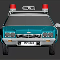 Blue and White Police Car With Red Emergency Lights On Top And POLICE Lettering