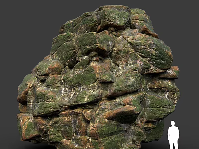 Large Natural Stone Formation With Green Mossy Textures Featuring Human Figure For Scale 3d model