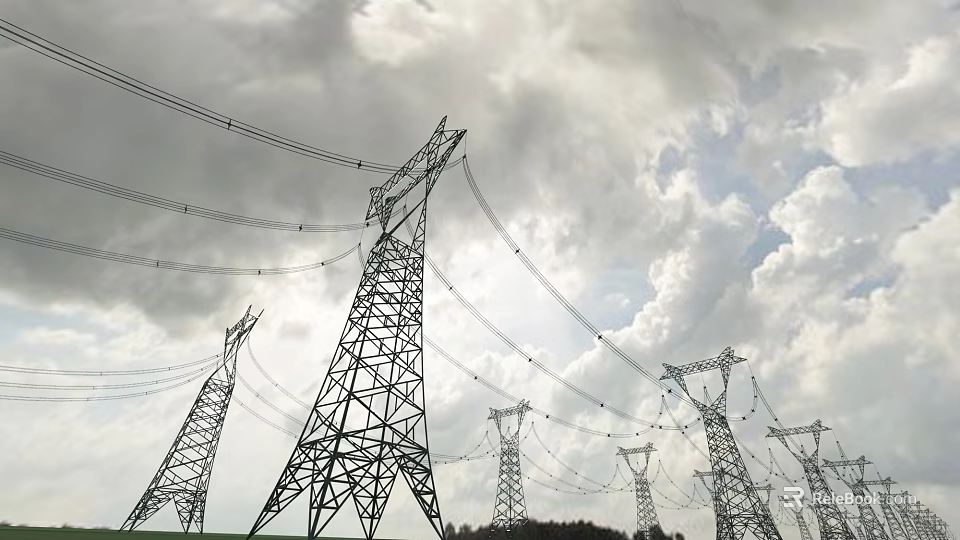 Multiple High Voltage Transmission Towers With Power Lines Under Cloudy Sky 3d model