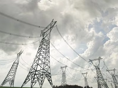Multiple High Voltage Transmission Towers With Power Lines Under Cloudy Sky 3d model