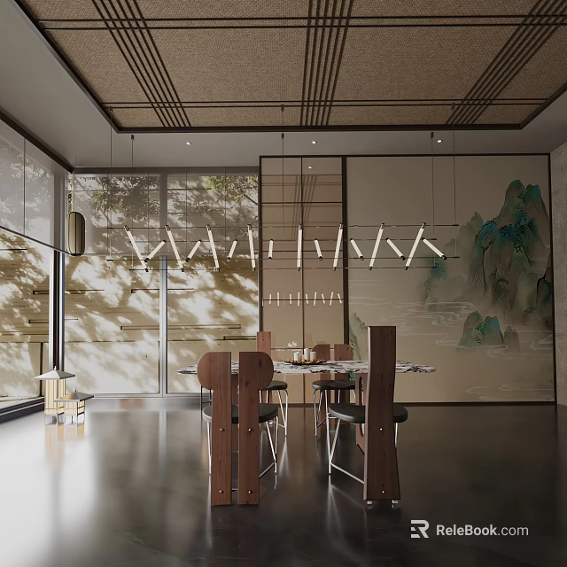 Modern Dining Table Set With Hanging Lights And Decorative Landscape Wall Art 3d model