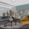 Modern Living And Dining Area With Gray Sofa Yellow Bean Bag Guitar And Bookshelves