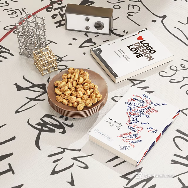 Decorative Ornament Set With Peanut Bowl Books Metal Grid Golden Rack On Calligraphy Pattern Surface 3d model 