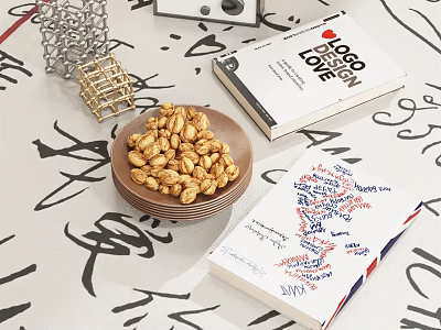 Decorative Ornament Set With Peanut Bowl Books Metal Grid Golden Rack On Calligraphy Pattern Surface 3d model