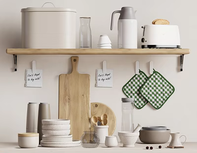 Stylish Kitchenware On Wooden Shelf Featuring Toaster Thermos Green Checkered Pot Holders And Plates 3d model