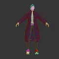 3D Character Model in Blue Coat with Light Green Inner Top Purple Pants and White Shoes Arms Outstretched