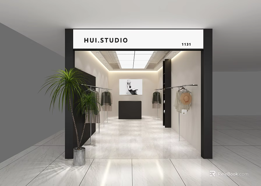 HUI STUDIO Clothing Store Modern Entrance With Displayed Clothes And Indoor Plants Tile Flooring 3d model 