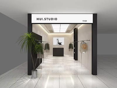 HUI STUDIO Clothing Store Modern Entrance With Displayed Clothes And Indoor Plants Tile Flooring 3d model