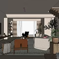 Modern Living Room With Large TV Wooden Stand Patterned Rug Armchair And Decorative Shelves
