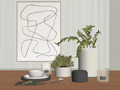 Modern Minimalist Decorative Ornament Set With Green Plants Artwork Bowl And Candle On Wooden Tabletop 3d model